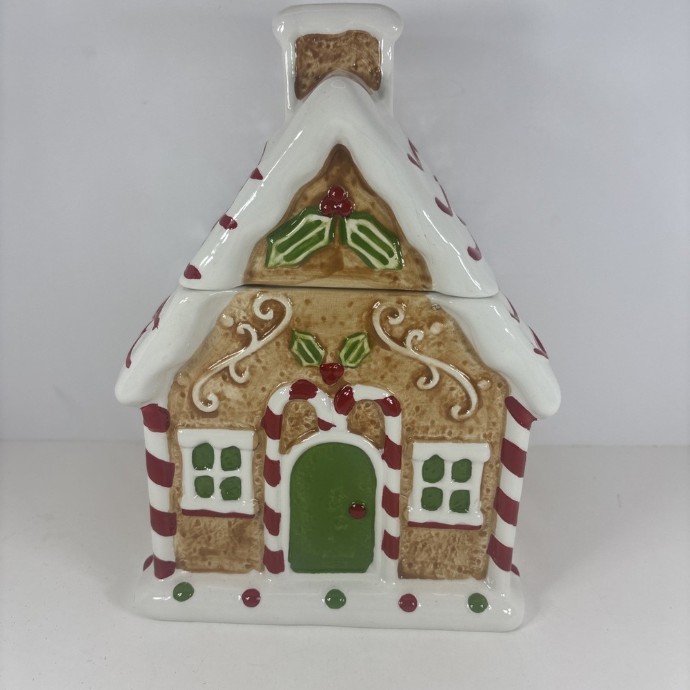 Sleigh Bell Bistro Christmas Peppermint Gingerbread House Cookie Jar Painted